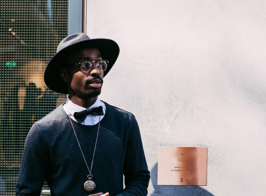 Model wearing Geometric frames